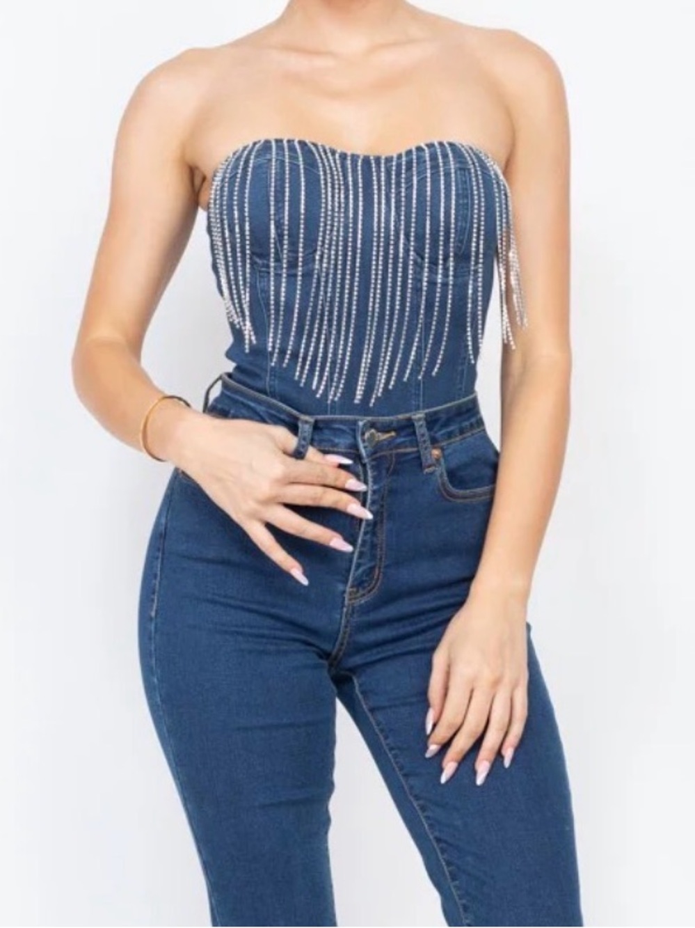 Blashe Strapless Denim Bodysuit Rhinestone Fringe Medium